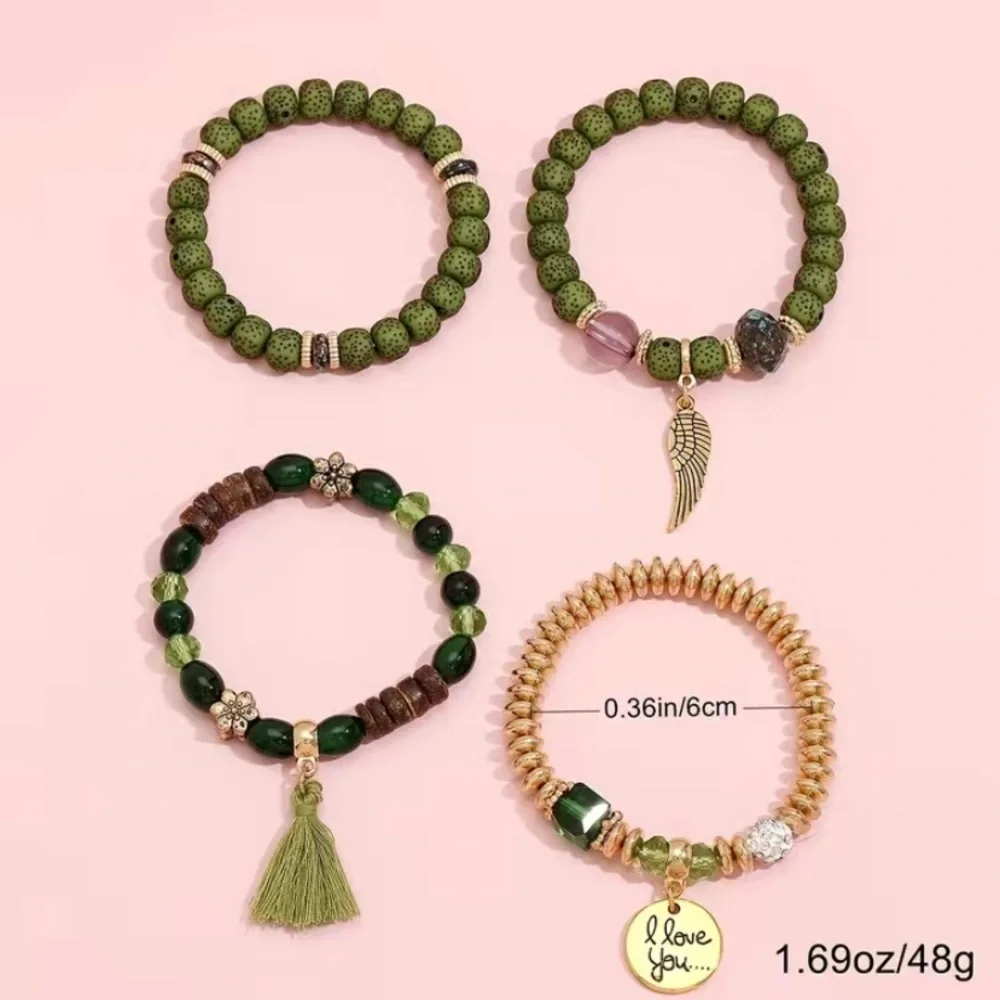 Green tassel and wing charm beaded‎ bracelet set